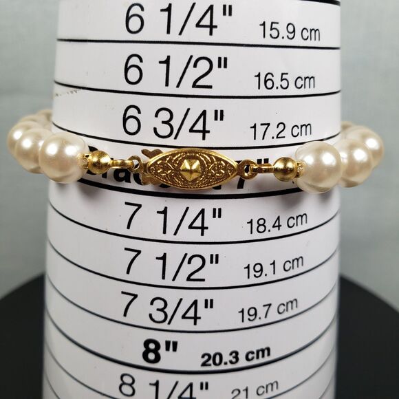 Vintage Knotted Faux Pearl Gold Tone Fish Hook Clasp 7" Bracelet - Picture 9 of 10